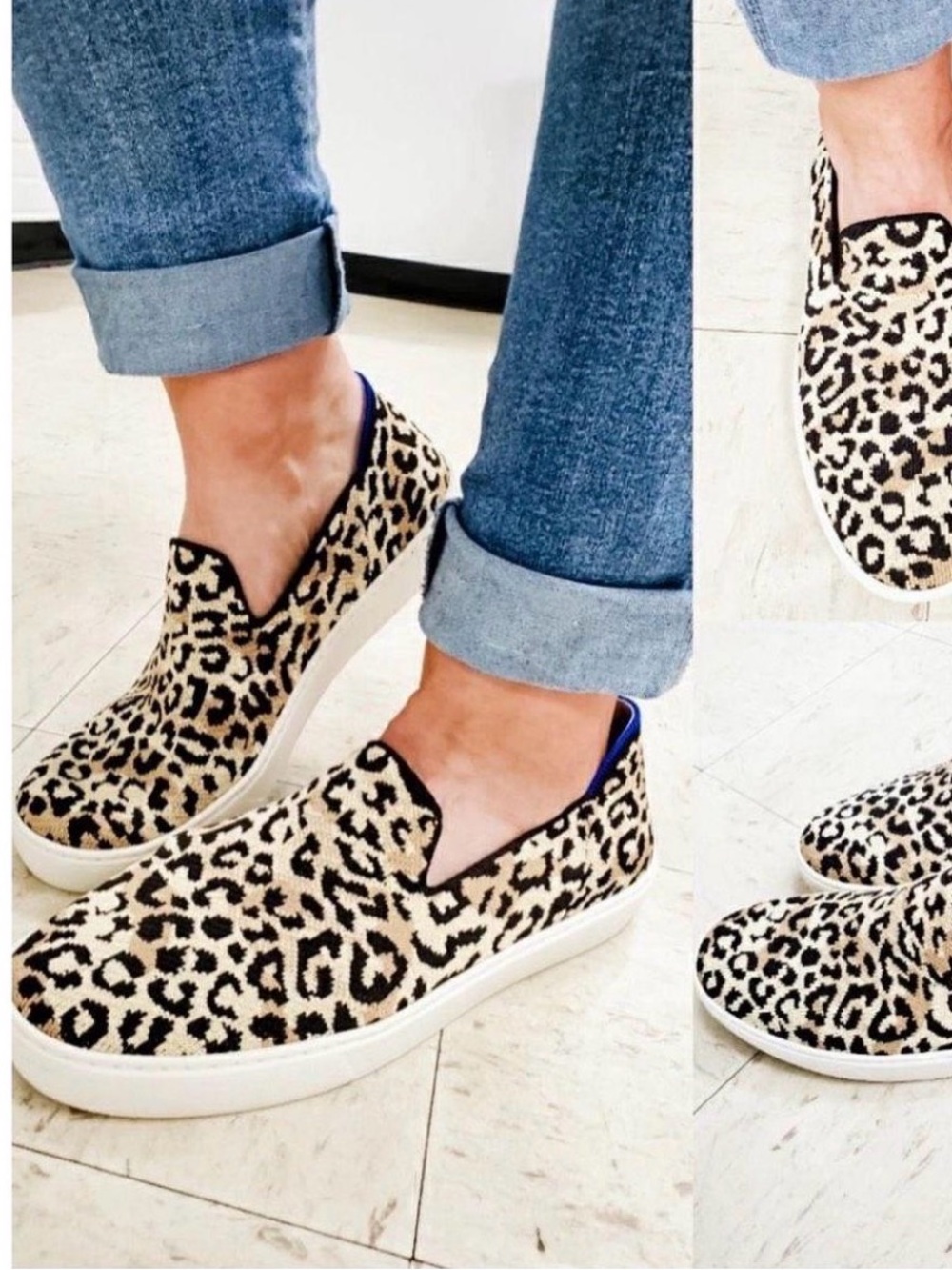 Rothy's Camo Cat Leopard Print Knit Slip-On Flats with Blue Trim